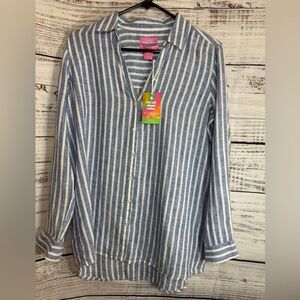 Isaac Mizrahi Top Womens Sz Small linen shirt striped v neck washable‎ Button Up